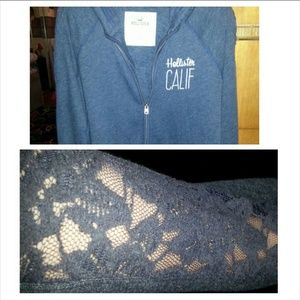 Hollister navy blue zip up with lace sleeves