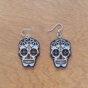 Wooden day of the dead- skull detail earrings