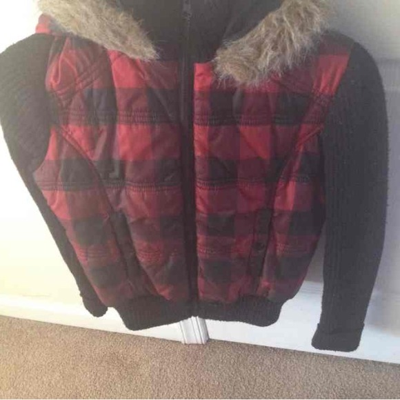 Red and black plaid hooded jacket