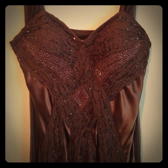 Rich brown satin and chiffon beaded evening gown