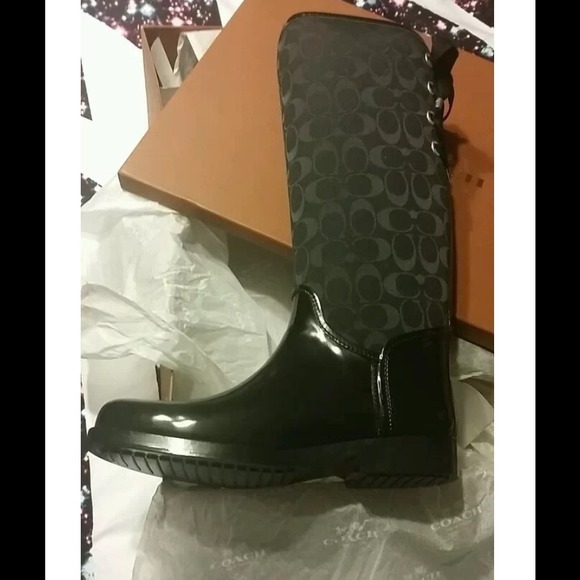 COACH women's black LOGO shiny rain boots size 11