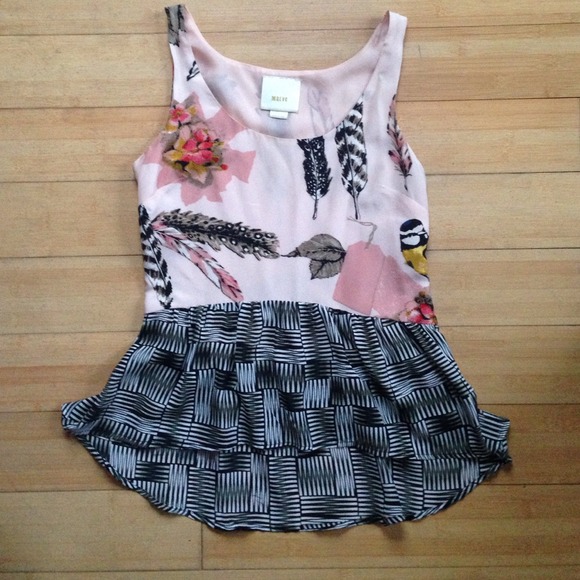 Anthropology pink patterned top, birds, feathers.