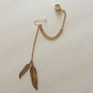 Gold Feather earring with chain cuff
