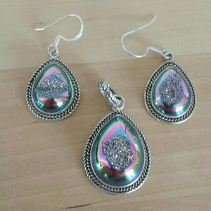 Titanium Pink Drusy Quartz Pendant & Earrings