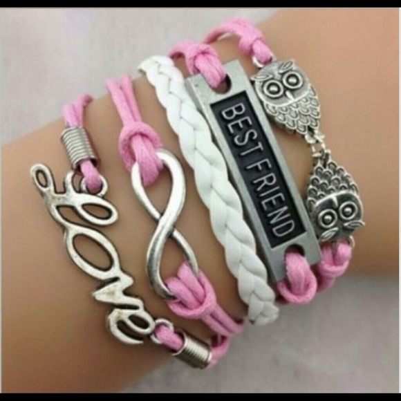 Infinity bracelet pink and white owl best friend