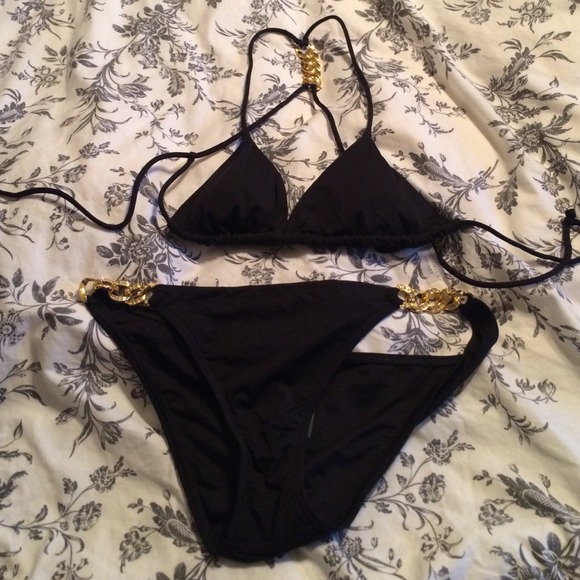 black bikini halter back gold chain