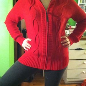 Red knit zip up sweater