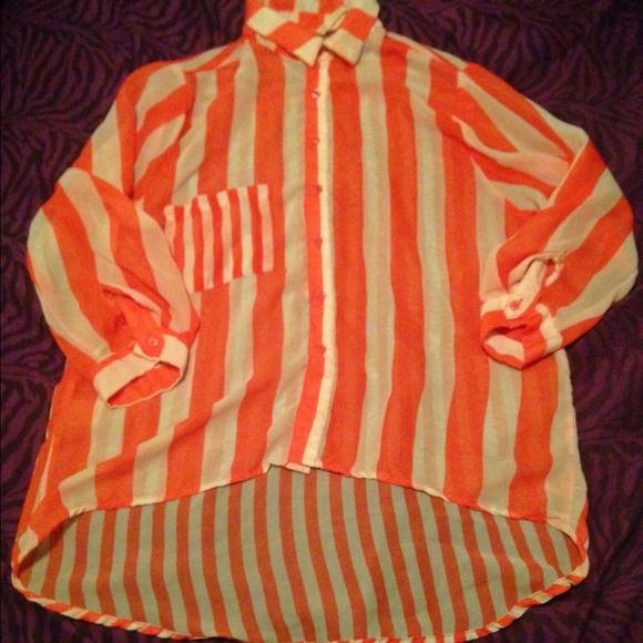 High Low Pink & White Striped Mid Sleeve Shirt.