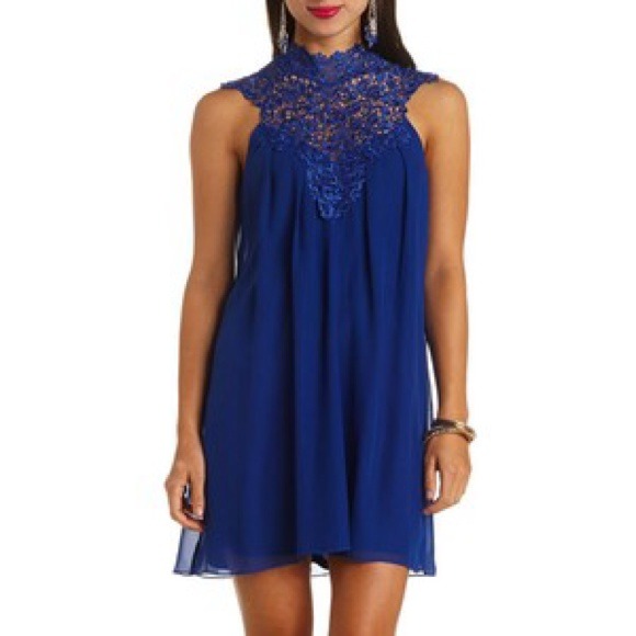 Blue Lace Neck Halter Shift Dress