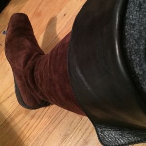 Knee high brown suede boots with flip over leather
