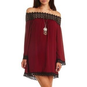 Red Off-the-shoulder Crochet Trim Shift Dress