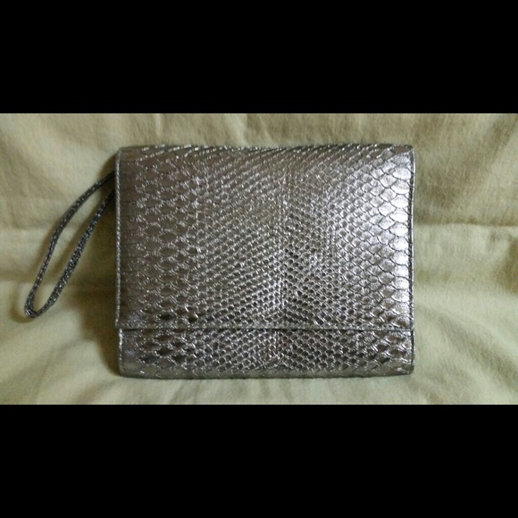 Neiman Marcus Silver Metallic Crocker Clutch Purse