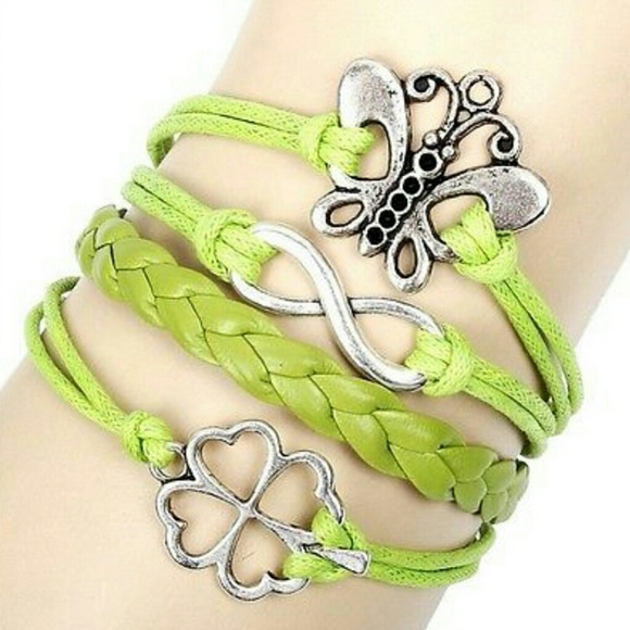 Infinity bracelet green butterfly with luck charm