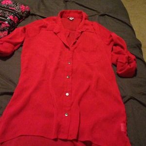 Bright red sheer button down