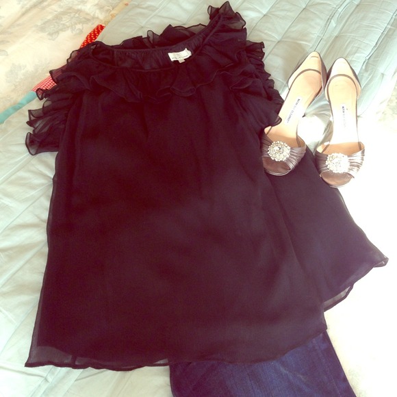 Black Silk Blouse with Ruffled Neckline