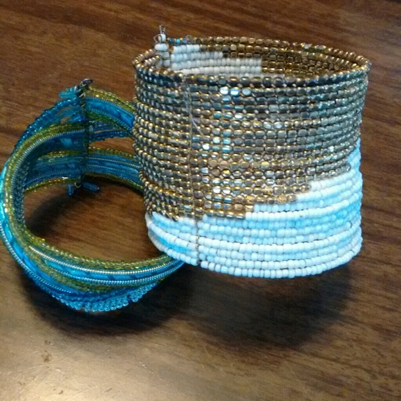 Gold and white beaded cuff bracelet