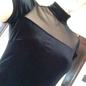 Vintage black velvet cocktail dress sheer neckline