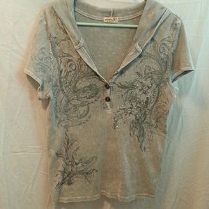 short sleeve gray hoodie with design on front