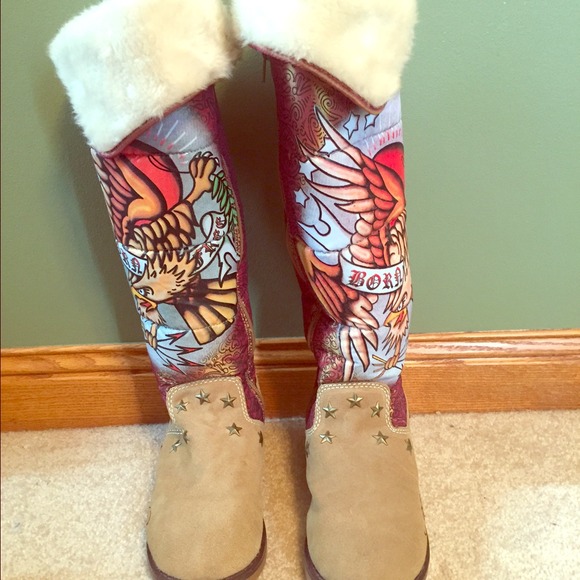 Ed Hardy "born free" Eagle boots NWOT