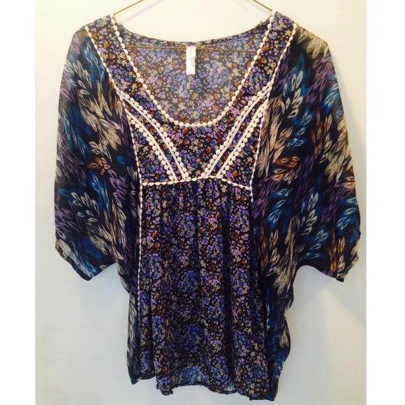 Chiffon Floral Shirt// Boho Romantic Style / LARGE - Picture 2 of 4