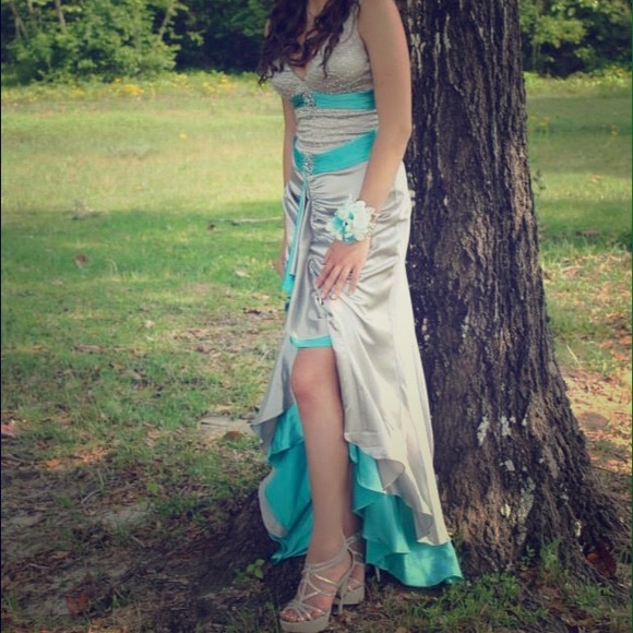 Turquoise and sliver prom dress