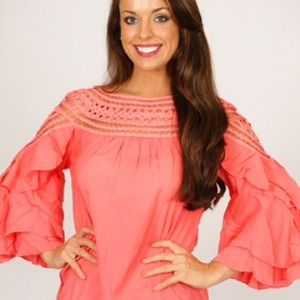 Coral Net Shoulder Ruffle Bell Sleeve Top