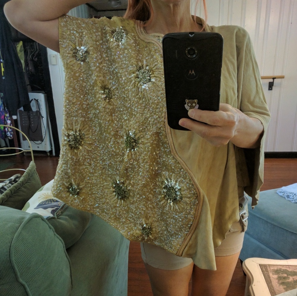 Vintage 60's suede & sequin beaded one sleeve poncho
