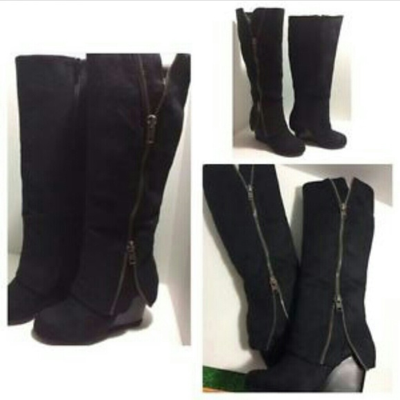 RAMPAGE SHANTA WEDGE 3" HEEL BLACK BOOTS KNEE HI Z