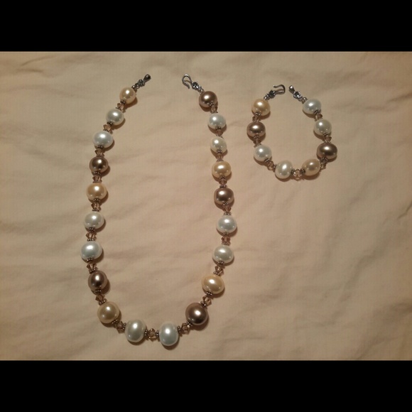 Pearl Necklace AND Bracelet with Swarovski accents