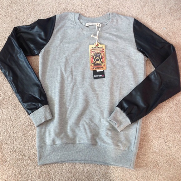 Grey crew neck with faux leather sleeves