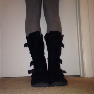 Black Faux Suede Boots with Silver Buckles