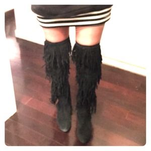 Sam Edelman black OTK suede fringe boots