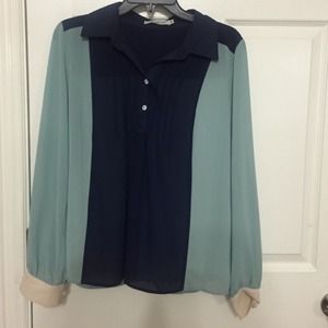 Silk semi see through blouse with fun blue pattern