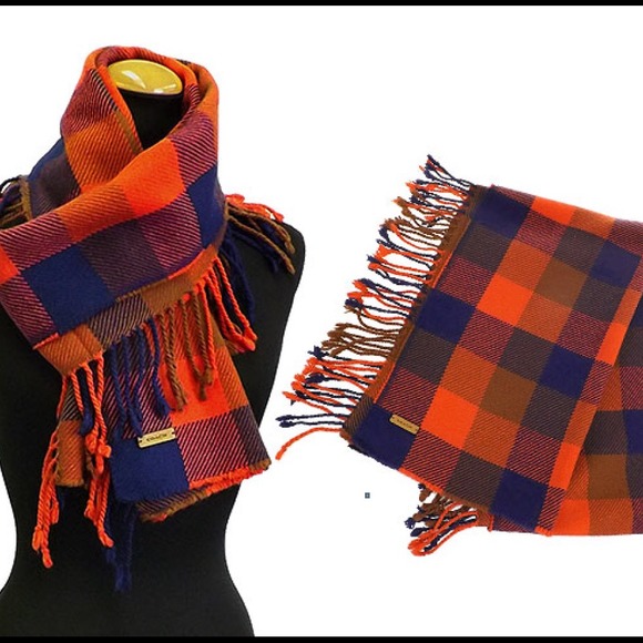 Coach Accessories - Coach Orange & Navy Plaid Fringe Cashmere Scarf