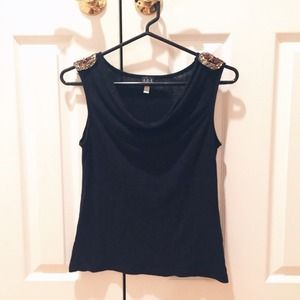 Un Deux Trois 123 Black Top with Beaded Shoulders