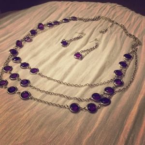 FREE SHIPPING-Long Silver & purple necklace set