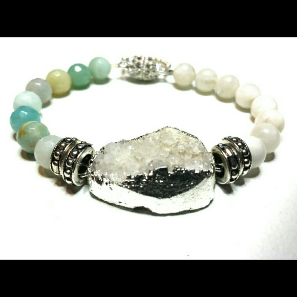 SOLD Moonstone,Amazonite, Druzy Silver Bracelet.