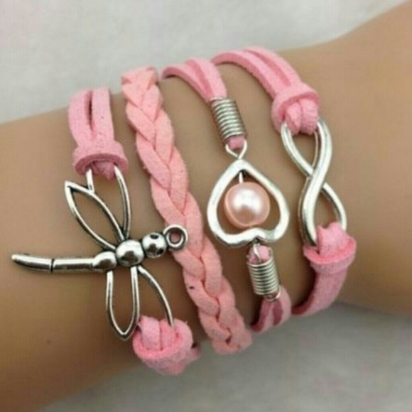 Infinity bracelet pink butterfly with pink pearl