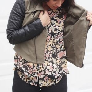 Walter Baker Jackets & Coats - Army Green Moto Jacket with Leather Sleeves Walter Baker Jackets & Coats - Army Green Moto Jacket with Leather Sleeves