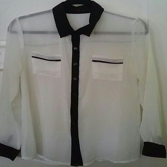 White sheer blouse with black trim
