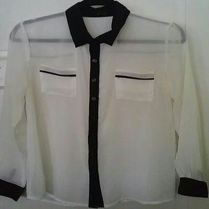 White sheer blouse with black trim