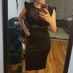 Black lace dress with shoulder ruffles