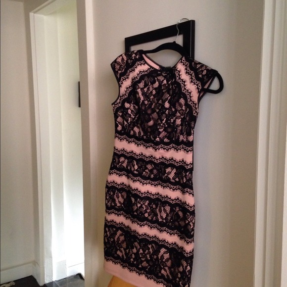 tadashi shoji lace appliqué dress with neoprene