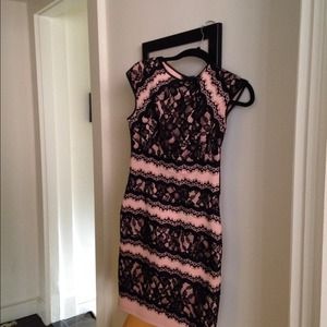 tadashi shoji lace appliqué dress with neoprene