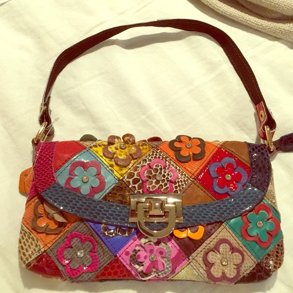 New - Leather Flower Patchwork Clutch Bag / Purse