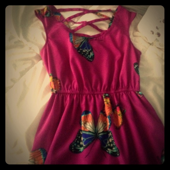 Magenta/purple butterfly dress.