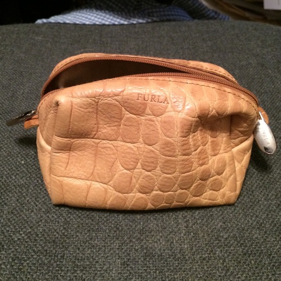 Furla tan zippered croc leather pouch