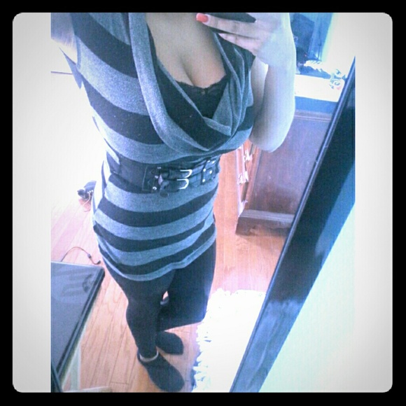 Short Sleeve, Grey & Black Striped Shirt With Belt