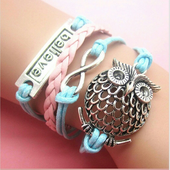 Infinity bracelet blue and pink owl
