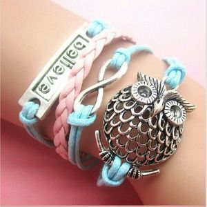 Infinity bracelet blue and pink owl